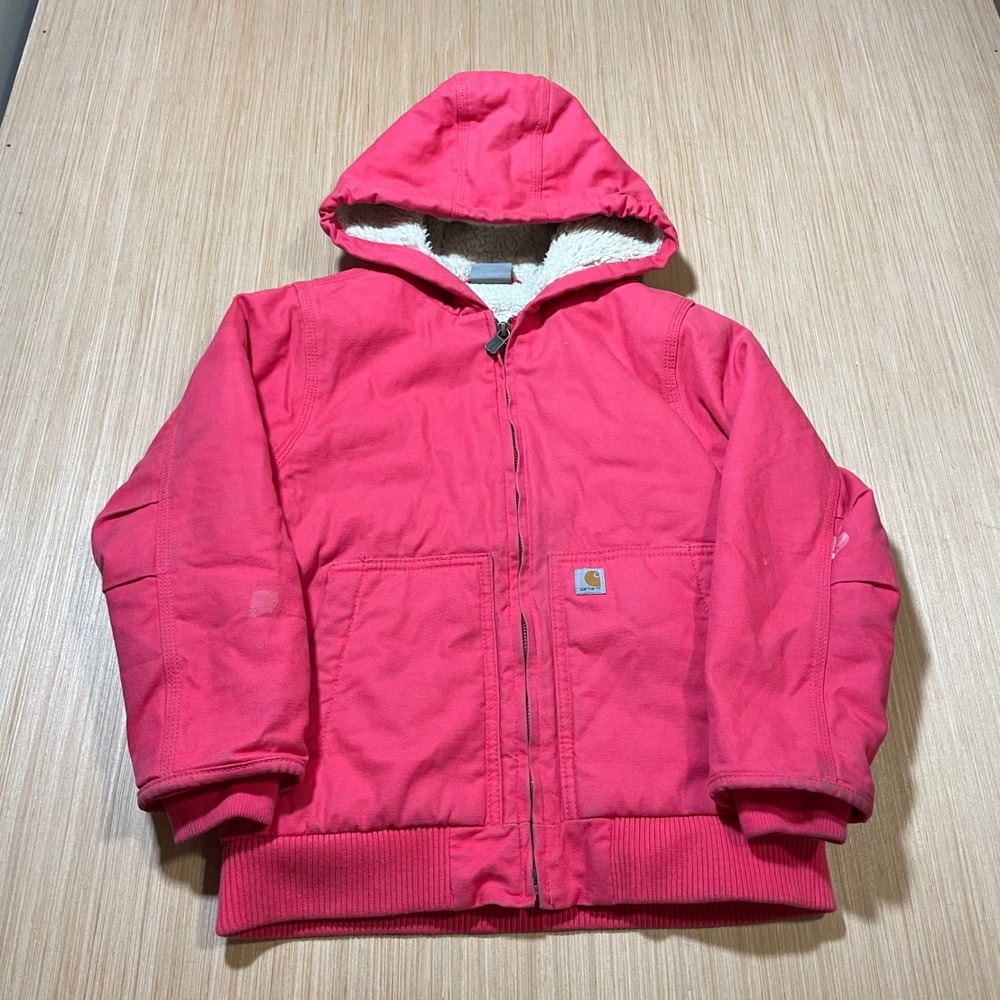 Carhartt Active Jacket Girls Pink Sherpa Lined Hooded Cotton Duck Canvas S 7-8